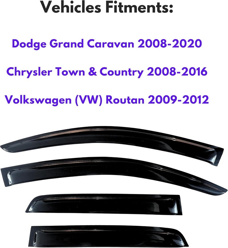 KPY Window Visor Rain Guard Compatible with Dodge Grand Caravan 2008-2020, Chrysler Town & Country 2008-2016, Volkswagen (VW) Routan 2009-2012, 4PC Side Window Vent Deflectors Tape-On Style - Image 2